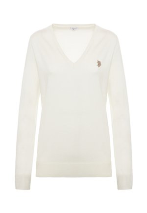 Maglione crema a V realizzato in tessuto morbido, con maniche lunghe e un piccolo dettaglio ricamato sul petto. Polsini e orlo a coste.