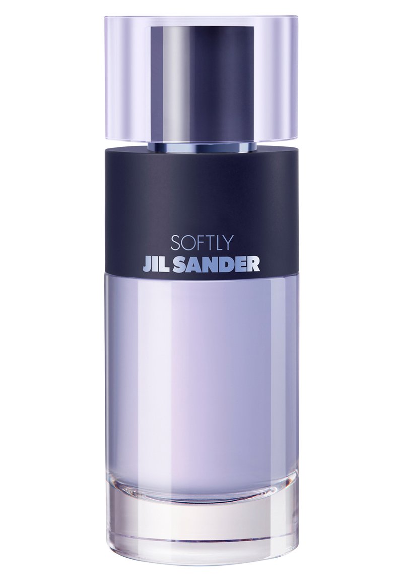 Jil Sander Softly Parfumflasche; zylindrische Form, mattes lilafarbenes Glas, matter schwarzer Deckel, silberne Schriftzüge. Minimalistisches Design.