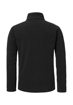 Der schwarze Fleece-Pullover hat einen hohen Kragen und lange Ärmel. Der Stoff hat eine weiche Textur mit einer glatten Oberfläche. Keine sichtbaren Logos oder Akzente.