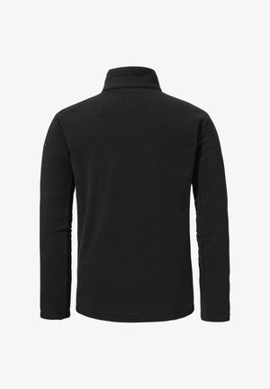 Der schwarze Fleece-Pullover hat einen hohen Kragen und lange Ärmel. Der Stoff hat eine weiche Textur mit einer glatten Oberfläche. Keine sichtbaren Logos oder Akzente.