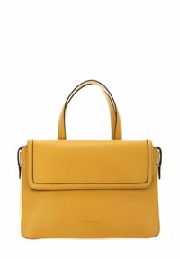 Sac à main en cuir jaune avec un design structuré, des poignées supérieures et un rabat pliant. Il présente des accents noirs et un logo à l'avant.