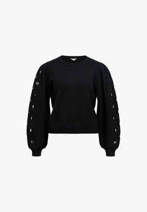 Sweatshirt noir avec un col rond, en tissu tricoté texturé, et des manches bouffantes avec des découpes le long des bras.