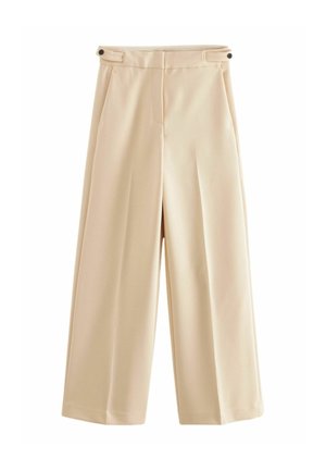 Beige, weit geschnittene Hose mit hoher Taille, seitlichen Knopfleisten und einem klaren, minimalistischen vorderen Nahtdesign.