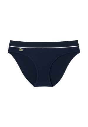 Culotte de bikini en coton bleu marine avec une texture côtelée, dotée d'une taille blanche et d'un petit logo vert sur le côté.