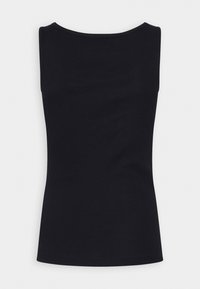 Top in maglina nera senza maniche, con scollo rotondo e orlo dritto, mostrato piatto dal retro.