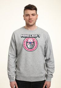 Felpa grigia realizzata in morbido materiale, caratterizzata da un design pixelato di Minecraft con un axolotl rosa in un barattolo e del testo sopra.
