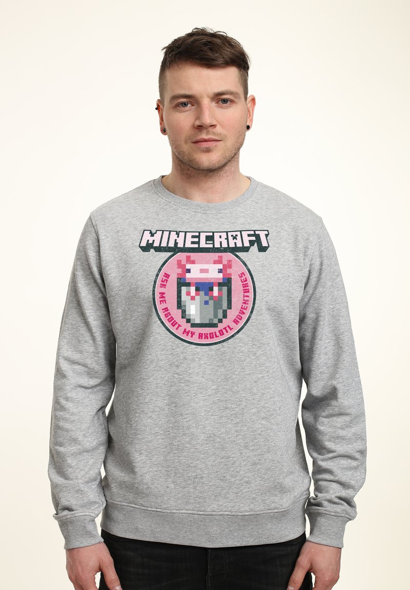 Felpa grigia realizzata in morbido materiale, caratterizzata da un design pixelato di Minecraft con un axolotl rosa in un barattolo e del testo sopra.