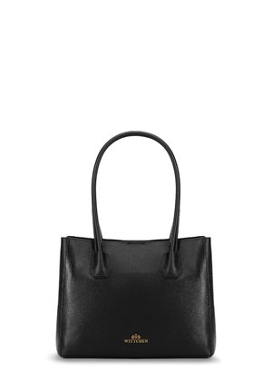 Black leather tote bag with a textured surface, two long handles, and a gold logo at the bottom center. Simple rectangular shape.