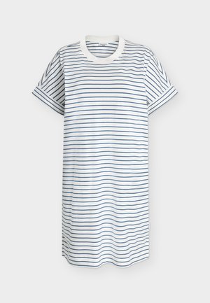 White short-sleeve dress with light blue horizontal stripes, crew neck, and rolled cuffs on sleeves against a plain white background.
