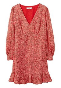 Rotes Blumenkleid mit langen Puffärmeln, tiefem V-Ausschnitt, gerafftem Oberteil und gerafftem Saum. Besitzt ein kleines weißes Blumenmuster auf dem Stoff.
