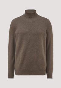 Brauner Rollkragenpullover aus weichem Strickstoff. Mit langen Ärmeln, geripptem Kragen und Saum. Glatte Textur mit klassischer Passform.