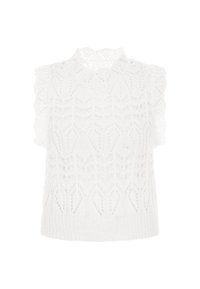 Weißes, gestricktes, ärmelloses Oberteil mit hohem Kragen, kompliziertem Spitze-Muster und zarten Rüschendetails an den Schultern. Strukturierter Design.