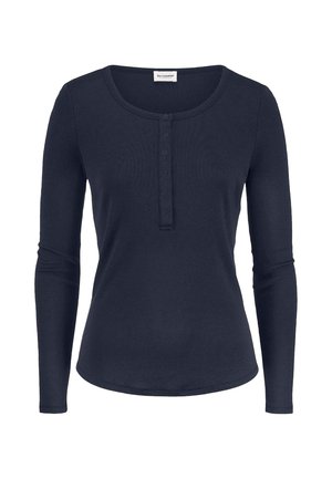 Marineblauw lang mouwen henley-shirt met ronde halslijn en een sluiting met vijf knopen, nauwsluitende pasvorm, effen ontwerp.
