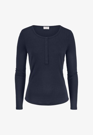 Marineblauw lang mouwen henley-shirt met ronde halslijn en een sluiting met vijf knopen, nauwsluitende pasvorm, effen ontwerp.