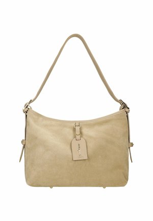 Sac à épaule en cuir suédé beige avec une seule poignée, fermeture éclair et tag détachable. Présente des coutures discrètes et une texture lisse.