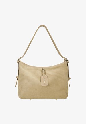 Beżowa zamszowa torba na ramię z pojedynczym uchwytem, zamkiem błyskawicznym i odpinaną metką. Posiada subtelne przeszycia oraz gładką fakturę.