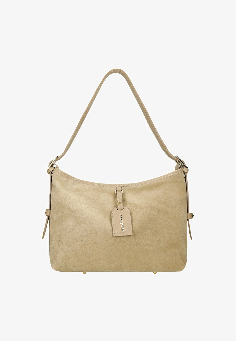 Beżowa zamszowa torba na ramię z pojedynczym uchwytem, zamkiem błyskawicznym i odpinaną metką. Posiada subtelne przeszycia oraz gładką fakturę.