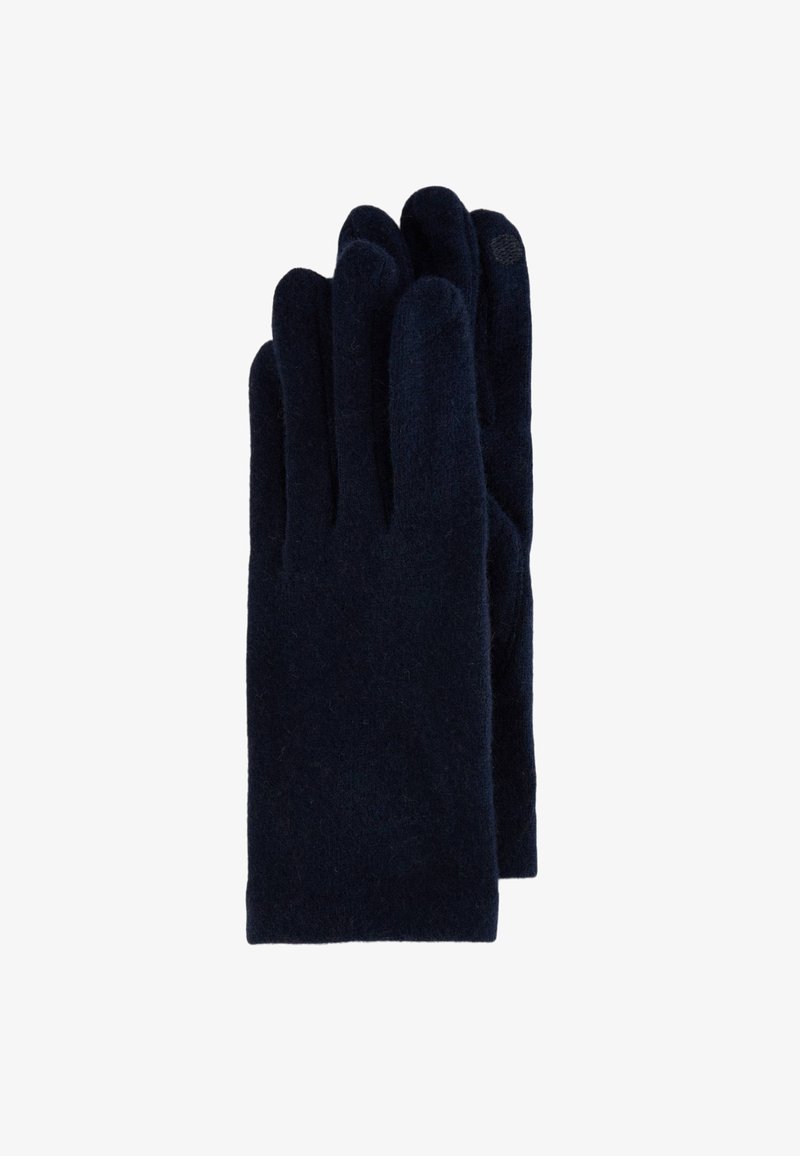 Gants en laine marine avec une texture douce, présentant un design à cinq doigts, une construction sans couture et sans matériel ni motifs visibles.