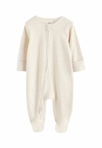 Body per neonati in cotone avorio a coste, con maniche lunghe, zip a tutta lunghezza e piedi coperti. Texture morbida, dettagli minimi e senza fantasie.