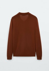 Long-sleeve, brown knit pullover with a collared neck, featuring a smooth texture and ribbed cuffs. Back view displayed.