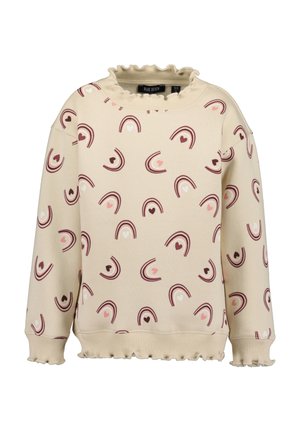 Beige langærmet sweatshirt med flæsekrave og manchetter, dekoreret med pink og brune regnbuer og hjerte mønstre.