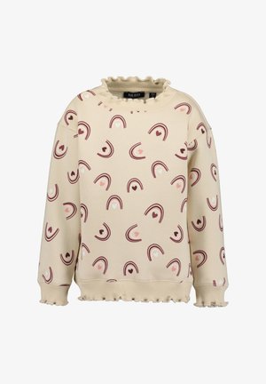 Sweat-shirt beige à manches longues avec col et poignets volantés, décoré de motifs d'arcs-en-ciel rose et marron ainsi que de cœurs.