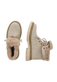 Beige Stiefel mit Kunstfellfutter, glatter Wildleder-Textur, Gummisohle und Schnürdesign. Verfügt über einen seitlichen Reißverschluss und kontrastierende cremefarbene Akzente.