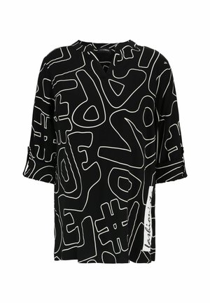 Black blouse with white abstract patterns, featuring a v-neck, three-quarter sleeves, and a side label accent. Made of lightweight fabric.