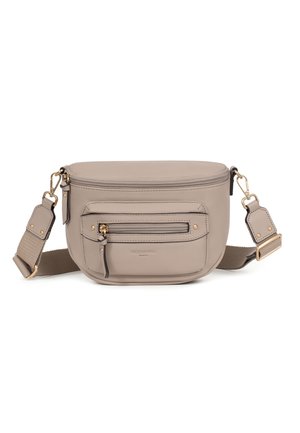 Sac bandoulière beige avec sangle ajustable, poche avant zippée avec fermeture éclair dorée, et fermeture principale zippée, en matériau lisse.