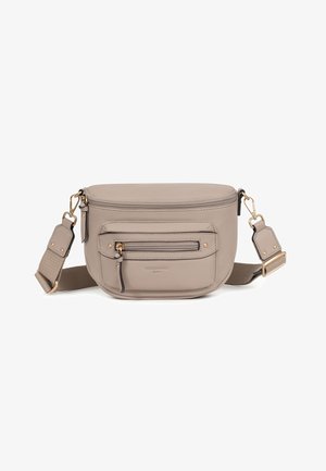 Sac bandoulière beige avec sangle ajustable, poche avant zippée avec fermeture éclair dorée, et fermeture principale zippée, en matériau lisse.