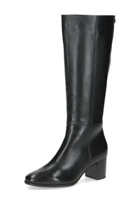 Botas de cuero negro hasta la rodilla con una textura lisa y elegante, puntera afilada y tacón apilado. Diseño sencillo sin herrajes o patrones visibles.
