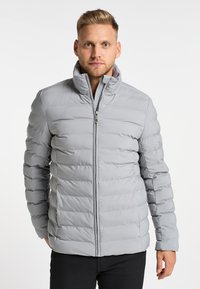 Giubbotto imbottito grigio con collo alto, cuciture verticali e chiusura con zip frontale. La texture è liscia e leggermente lucida.