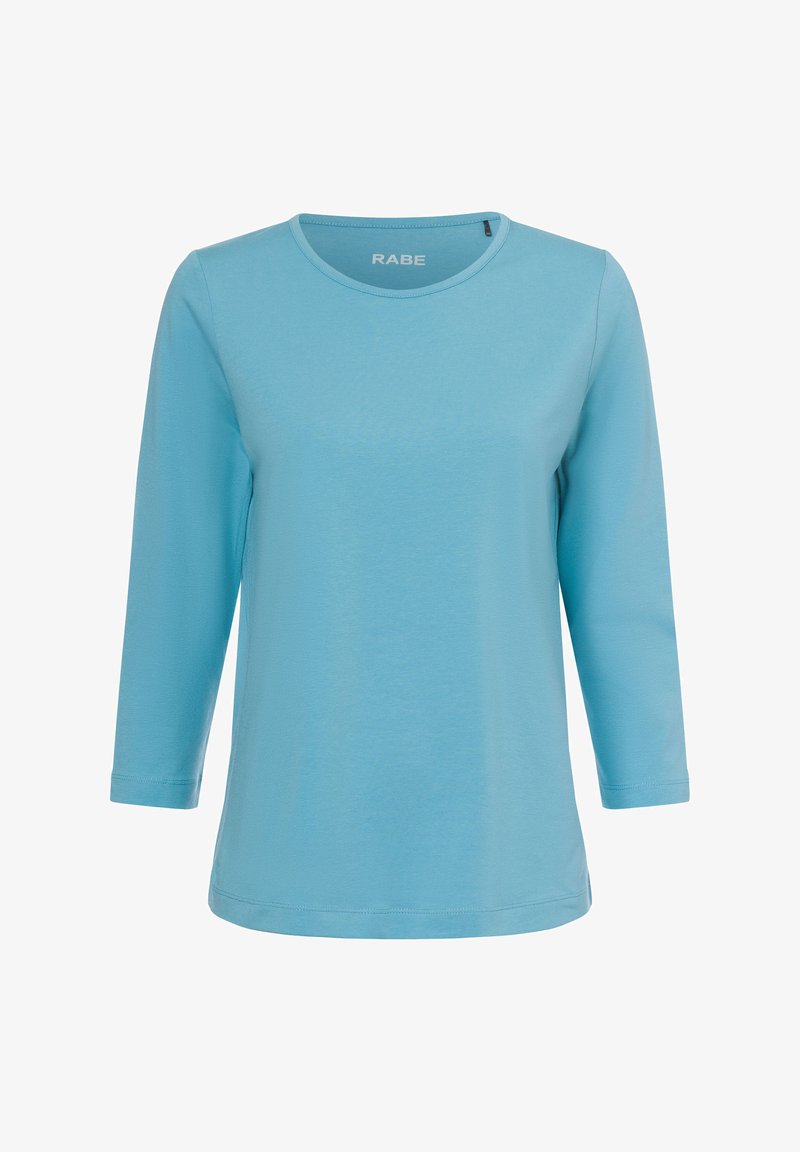 Helles blaues Langarmshirt aus weichem Stoff, mit Rundhalsausschnitt und geradem Schnitt. Markenlabel "RABE" am Kragen.