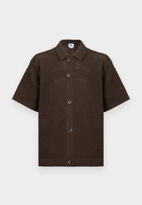 Σκούρο καφέ κοντομάνικο πλεκτό πουκάμισο με κουμπιά στο μπροστινό μέρος, γιακά με άνοιγμα και υφασμένο μοτίβο ανοιχτής πλέξης.