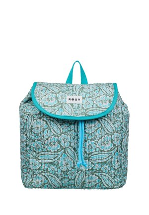 Gewatteerde rugzak met een blauw-wit bloem- en bladmotief, turquoise afwerking, trekkoordsluiting en een Roxy-logo op het klepje.