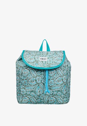 Stepprucksack mit blau-weißem Blumen- und Blattmuster, türkisfarbenem Besatz, Kordelzugverschluss und einem Roxy-Logo-Patch auf der Klappe.