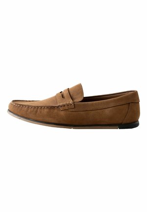Brown leather men's loafer with stitched detailing and a low black sole, shown in side profile on a white background.