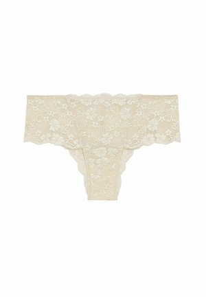 Valkoinen hipster alusvaate vaaleassa beigeessä, jossa on kukkakuviot ja aaltoilevat reunat. Pehmeä rakenne, jossa osittain läpinäkyvä muoto.