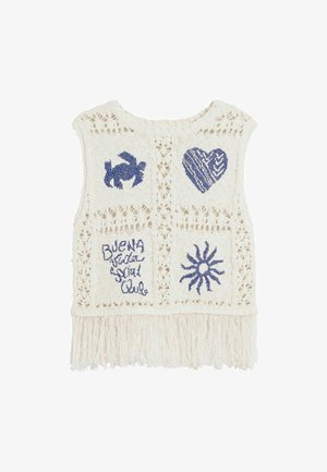 Megzta liemenė kreminės spalvos su mėlynais siuvinėtais vaizdais: triušiukas, širdis, saulė ir tekstas. Ypatingas atviras mezgas ir kutai apačioje.