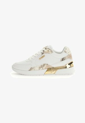 Hvide sneakers med en struktureret slangeskindsaccent, detaljer i guldfarve og et rundt tådesign. Struktureret gummisål.