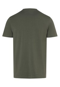 Olivenfarbene Kurzarm-T-Shirt aus weichem Baumwollstoff mit Rundhalsausschnitt und einem schlichten, glatten Design. Keine sichtbaren Grafiken oder Muster.