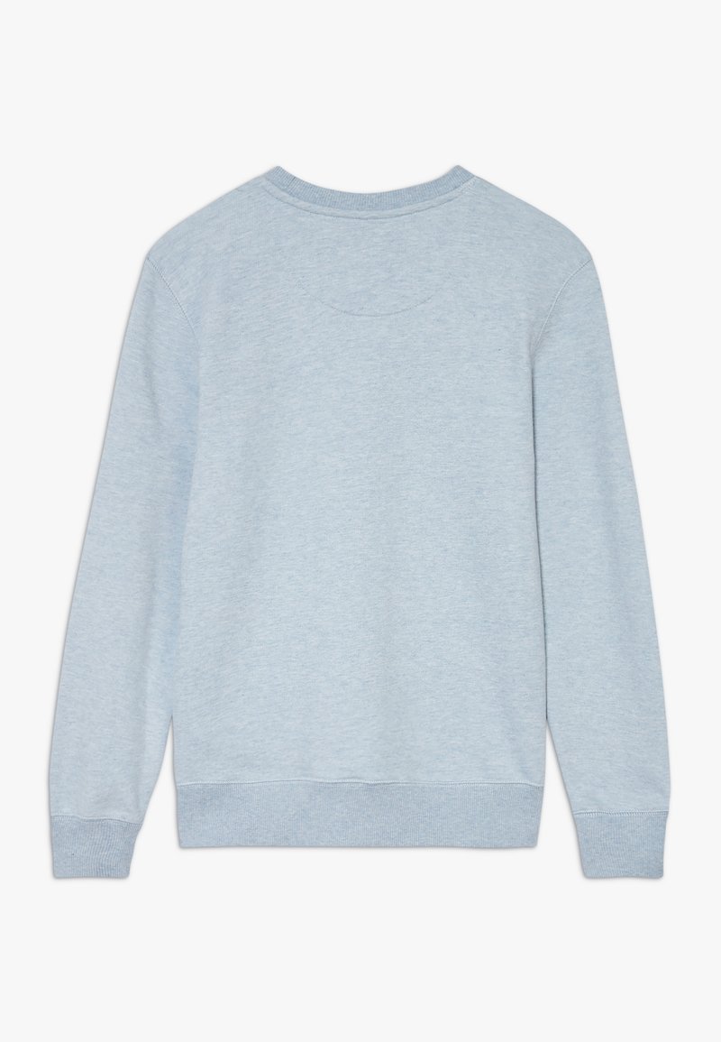 Felpa in cotone azzurro chiaro, collo a giro, maniche lunghe, polsini e bordo a costine, texture liscia, senza dettagli grafici o motivi.