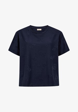 Marineblauw T-shirt met korte mouwen, subtiele bloemmotief, ronde halslijn en een ontspannen pasvorm.