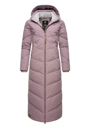 Padded, long coat in light mauve with a hood. Features a full zipper and chevron stitching. Includes a logo patch near the hem.