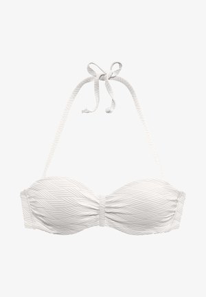 Weißes Bikini-Oberteil mit strukturiertem Zickzackmuster, Halterneck-Design und Raffung in der Mitte. Wird hinten mit verstellbaren Trägern gebunden.