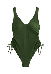 Maillot de bain une pièce vert olive avec un décolleté en V, des côtés froncés et des liens réglables. Fabriqué en tissu texturé, avec une coupe haute sur les jambes.