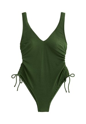 Olijfgroen eenstuk badpak met een V-hals, gerimpelde zijkanten en verstelbare koorden. Gemaakt van een textuurstof, met een hoge beenuitsnijding.
