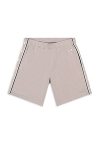 Shorts de sport gris en tissu doux, dotés d'une taille élastique, de rayures noires sur les côtés et d'accents de logo le long des bords.