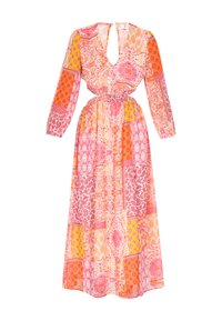 Langes, gemustertes Kleid in lebhaften Farbtönen von Pink, Orange und Gelb mit V-Ausschnitt, langen Ärmeln und elastischem Bund.