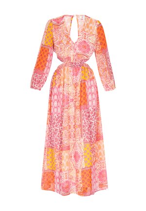 Długa, wzorzysta sukienka w żywych odcieniach różu, pomarańczy i żółci, z dekoltem w serek, długimi rękawami i elastycznym pasem.